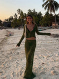 Nukty Women Sexy See Through Patchwork Long Skirt Set Fashion Long Sleeve Lace-up Shirt Tops Suit New Vocation Beach Outfits