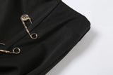 Nukty Black Split Midi Skirts Women Aesthetic Skinny Ruched Gothic Punk Clothes Autumn Winter Outfits High Waist Party Long Skirt