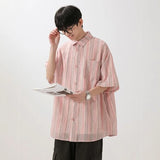 Nukty Summer men Short Sleeve Shirt For Men Striped Loose Polos Lapel Shirts New unisex High Street Pocket Blouse Couple shirt
