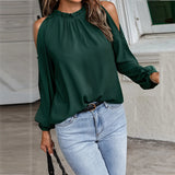 Nukty Autumn and Winter New Women's Clean Color Lotus Leaf Round Neck Long Sleeve Pleated Off Shoulder Fashion Women's Top