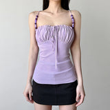 Nukty Elegant Solid Folds Camis Vintage 2000s Skinny Strap Crop Tops Women Holiday Style Transparent Mesh Tees Ladies y2k Vest