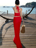 Nukty Sexy Red Skirts Suits Elegant Halter V-neck Short Top + Casual High Waist A-line Long Skirt Womens Two Pieces Set Woman Clothing