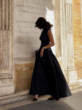 Nukty Elegant Oblique Collar Pleated A-line Dress For Women Fashion Brown Sleeveless Slim Long Dresses New Evening Party Gowns