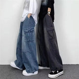 Nukty Spring And Autumn Vintage Wide Leg Big Pocket Overalls Men Y2K Neutral Loose Straight Leg Casual High Street Hip Hop Jeans