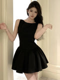 Nukty Sweet Black Backless Mini Dress French Sexy Chic Sleeveless Evening Party Dresses High Waist Pleated A-Line Short Vestidos Gown