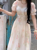 Nukty Women Vintage Floral Print Midi Dress Summer New Fashion Casual Square Collar Female Puff Sleeve Elegant Fairy Holiday Vestidos