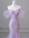 Nukty Purple Laser Sequin Beaded Mermaid Women Evening Dress with Puff Sleeves Tassel Pearls Tulle Train Prom Gown