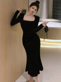 Nukty Elegant Solid Velvet Mermaid Dress for Women Vintage Chic Square Collar Bodycon Evening Party Dresses Female Slim Vestidos Mujer