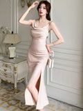 Nukty Elegant Solid Satin Womens Dresses French Spaghetti Strap Swinging Collar Bodycon Evening Party Dress Korean Split Vestidos Robe