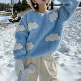 Nukty Women's Cozy Clouds Sweater Cute Cartoon Long Sleeve Crew Neck Pullover Jumper Fall Winter Knit Tops