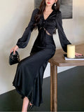 Nukty Autumn Satin Long Dresses for Women Long Sleeve Slim Mermaid Dress Vintage Solid Wedding Party Prom Robe Lace Up Vestidos Mujer