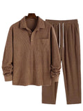 Nukty Men's Two Piece Set Solid Polar Fleece Turn-down Collar Long Sleeves Shirt with Drawstring Straight Pants Set Z5107952