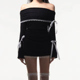 Nukty Elegant Slash-neck Long Sleeve Mini Dress Sexy Lace Patchwork Y2K Multi Bow Bandage Dress Autumn Party Women Vestidos
