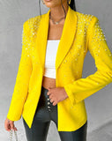 Nukty Blazer Woman Autumn Fashion Beaded Elegant Temperament Shawl Collar Plain Long Sleeve Work Blazer Coat Office Lady