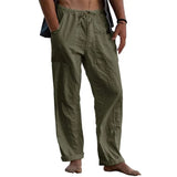 Nukty New Men's Cotton Linen Pants Summer Solid Color Breathable Linen Trousers Summer elastic waist drawstring loose pants