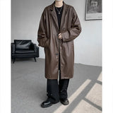 Nukty Unisex Black PU Leather Long Trench Coat Men Women Gothic Trenchcoat Luxury Autumn Winter Loose Windbreaker Outerwear