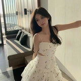 Nukty Fairy 3D Flowers Suspender Mesh Stitching Chiffon Dress High Waist Backless Retro Gauze Tupe Dress A-Line Flowers Skirt Vestidos