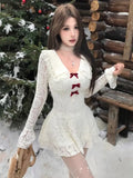 Nukty Sweet Lace Womens Dresses Elegant Flare Long Sleeves Evening Party Mini Dress Slim Waist Casual Vestidos Mujer Female Clothing