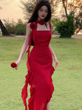 Nukty Women Elegant Backless Sexy Slip Dresses Summer Spring New Fashion Irregular Ruffles Holiday Beach Party Club Split Midi Dress