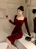 Nukty NEW YEAR DRESS TO IMPRESS Autumn Winter Dresses Women Elegant Sexy Square Collar Slim Long Sleeve Vintage Velvet Dress Female French Style Chic