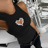 Nukty Women Chic Heart Pattern Hollow Out Rhinestone Decor Tank Sleeveless Sexy Camis Crop Tops