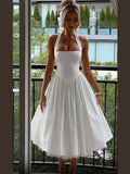 Nukty Elegant Solid High Waist Pleated A-line Dress Women Sexy Backless Sleeveless Slim Halter Dresses New Street Party Vestidos