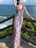Nukty French Print Ruffles Princess Romantic Fairy Women's Dresses V-Neck Sleeeless Slim Wasit Length Dress Beach Vacation Summer