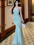 Nukty Spring Summer Green Mesh Chic Bow Hollow Out Dresses Women Fashion Bodycon Sexy Neck-mounted Korean Elegant Party Dress