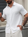 Nukty Solid Color Lapel Short Sleeve Black and White Shirt for Men
