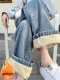 Nukty Winter Loose Plus Velvet Warm Straight Pants Woman Korean All-match Streetwear Denim Trousers Casual High Waist Baggy Jeans