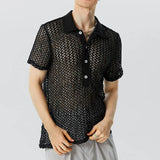 Nukty Summer Men's Clothing Knit Hollw Out Shirts Lapel Short Sleeve Mesh Sexy Button-down Solid Color Streetwear Party Knitwear S-3XL