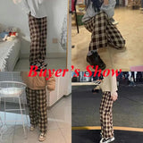 Nukty High Waist Women's Brown Plaid Pants Streetwear Oversize Wide Leg Checkered Trousers Woman Loose Y2K Retro Sweatpants Mujer