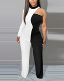 Nukty Colorblock One Shoulder Long Sleeve Jumpsuit Sexy Skinny Jumpsuit Women Sexys Female One-pieces New Fashion Rompers