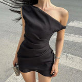 Nukty Fashion Women Slash Neck Solid Color Bodycon Mini Dresses Summer New For 2025 Vacation Daily Party High Waist Vestidos
