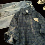 Nukty Japan Vintage Plaid Short Sleeve Shirt for Men Y2k Streetwear Korean Harajuku Loose Casual Half Sleeve Mens Shirts Jacket Coat