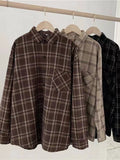 Nukty Vintage Women Plaid Shirts Autumn Long Sleeve Oversize Button Up Tops Korean Loose Casual Fall Outwear Femme Shirts