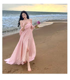 Nukty Summer Pink Elegant Pleated High Waist Split Long Dress Women Fashion Backless Halter Strapless Fairy Dress Female 2024 Vestido