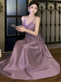 Nukty Vintage Purple Womens Dresses Elegant Spaghetti Strap V-neck Evening Party Long Dress Summer Slim Waist Vestidos Female Clothing