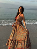 Nukty Vintage Print Backless V-neck Maxi Dress For Women High Waist Ruffles Loose Maxi Dresses New Vocation Beach Sexy Vestidos