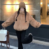 Nukty Chic Women's Faux Fur Coat Thick Warm Women Winter Jacket Furry Artificial Fur Outerwear Zipper Brown Short Jackets