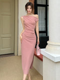 Nukty Elegant Solid Bodycon Evening Party Dresses Fashion Diagonal Collar Off Shoulder Prom Vestidos Summer Korean Female Clothing New