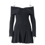 Nukty Elegant Flare Long Sleeve Twist Knot Mini Dresses Sexy Low-cut Off Shoulder Dress Y2K Aesthetic Agaric Edge Vestido