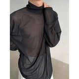 Nukty Sexy Perspective High-neck Long Sleeve T Shirt Men Women Net Yarn Bottoming Shirt Spring Summer Transparent Black Tee Shirts