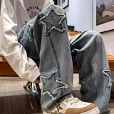 Nukty Stars Patchwork Men Jeans New Fashion Y2K Tassel Pants Korea Clothes Straight Hip Hop Splicing Trousers Male Streetwear
