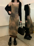 Nukty Vintage Double-Layer Mesh Printed Maxi Dresses For Women Grunge Gothic Spaghetti Strap Vestidos Korean Style Sheer Dress