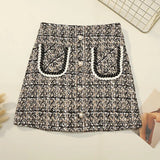 Nukty Fall Winter Plaid Tweed Skirt Womens Thick Woolen Pearl Button Front Pocket Glitter Mini Skirt Saia Feminina
