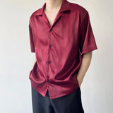 Nukty Summer Men's Stylish Shirt Cuban collar Satin Silk Wine Red Dress Shirts Short Sleeve Tops Wedding Prom Party Holiday Blouse Man
