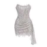 Nukty Women's Sexy Lace Dress Solid Color Sheer Patchwork High Waist Lace Dress Elegant Printed Strapless Slim Evening Dress