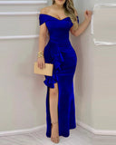 Nukty Women Long Dress Fashion Velvet Off Shoulder Ruffle Hem Split Maxi Dress Roupas Party  Femininas Vestidos De Novia