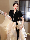 Nukty Black V-neck Evening Dress Elegant Puff Sleeve Bow Formal Banquet Dresses Elegant Print Princess Cake Dress Female Party Gown